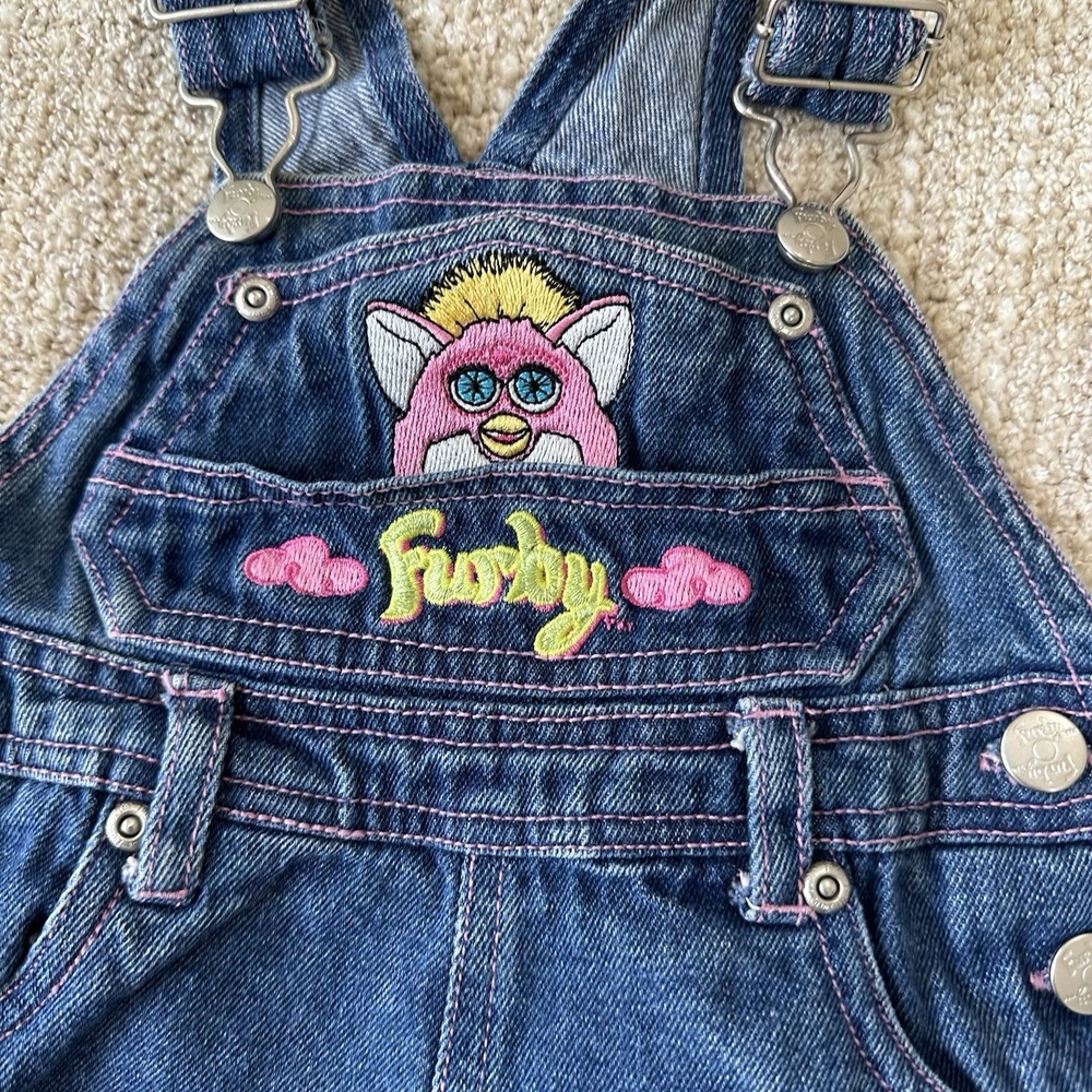 Vintage Furby Overalls Size 12 Months 90's Y2K Pink Denim Jeans Outfit Romper - Picture 2 of 14